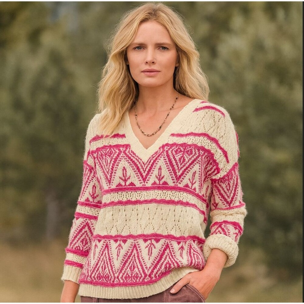 Sundance Brixen Fair Isle V-Neck Sweater Women's M Pink White Wool Blend Knit